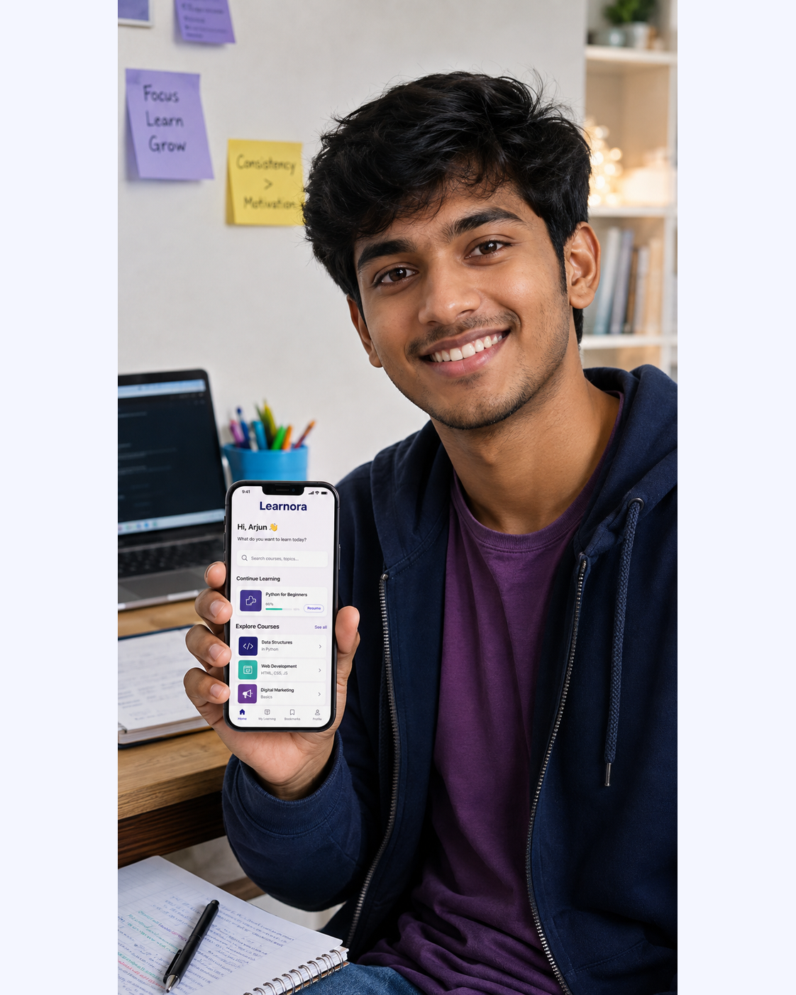 Creator wearing the edtech apps piece, generated with MorphAds