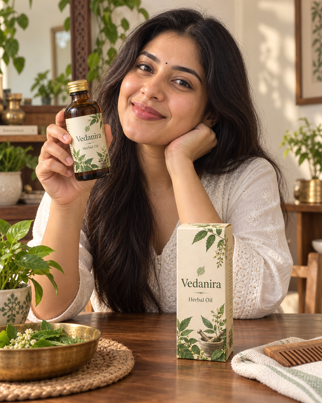 Creator wearing the ayurveda piece, generated with MorphAds