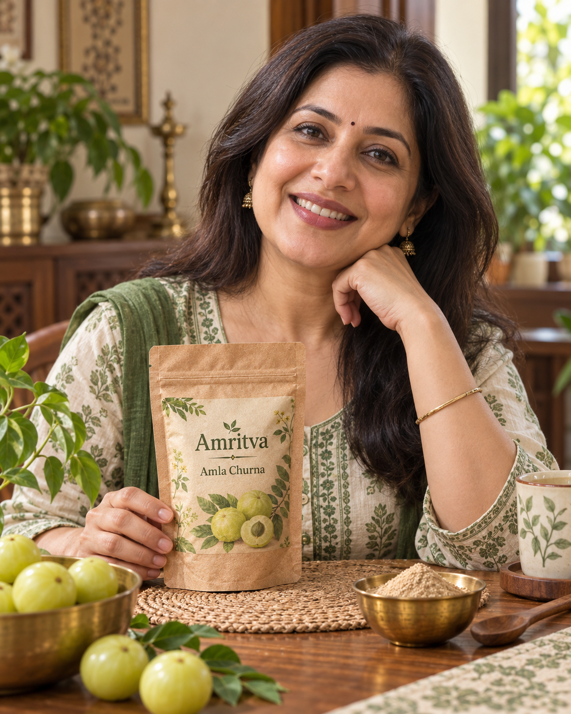 Creator wearing the ayurveda piece, generated with MorphAds