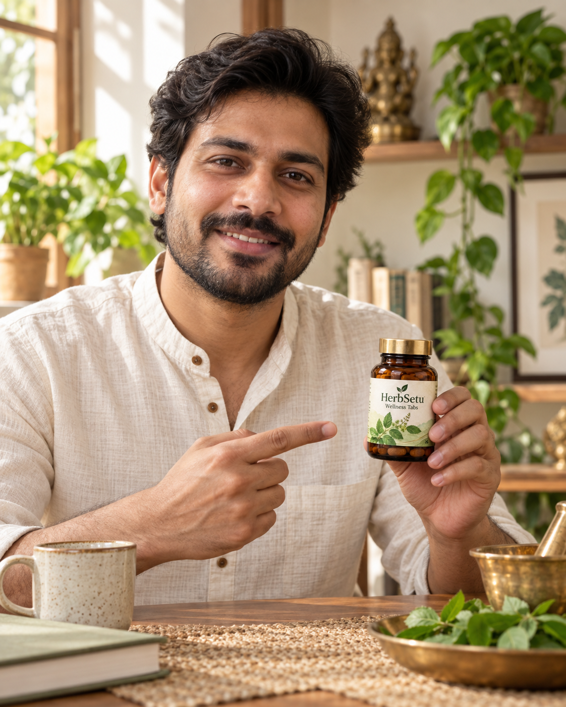 Creator wearing the ayurveda piece, generated with MorphAds