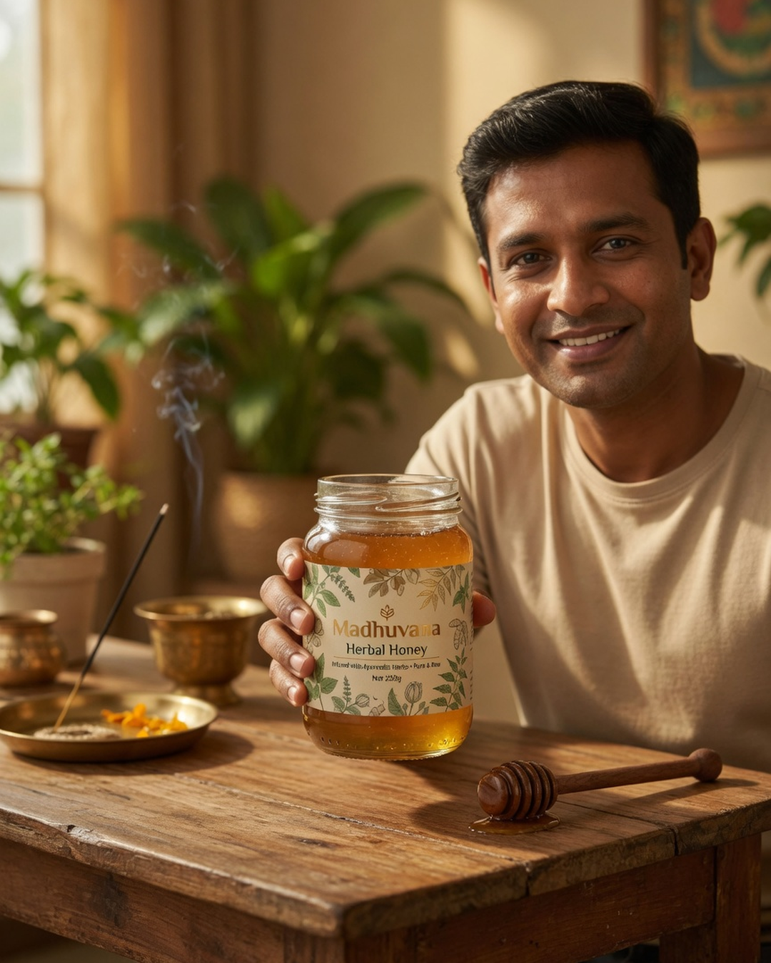 Creator wearing the ayurveda piece, generated with MorphAds