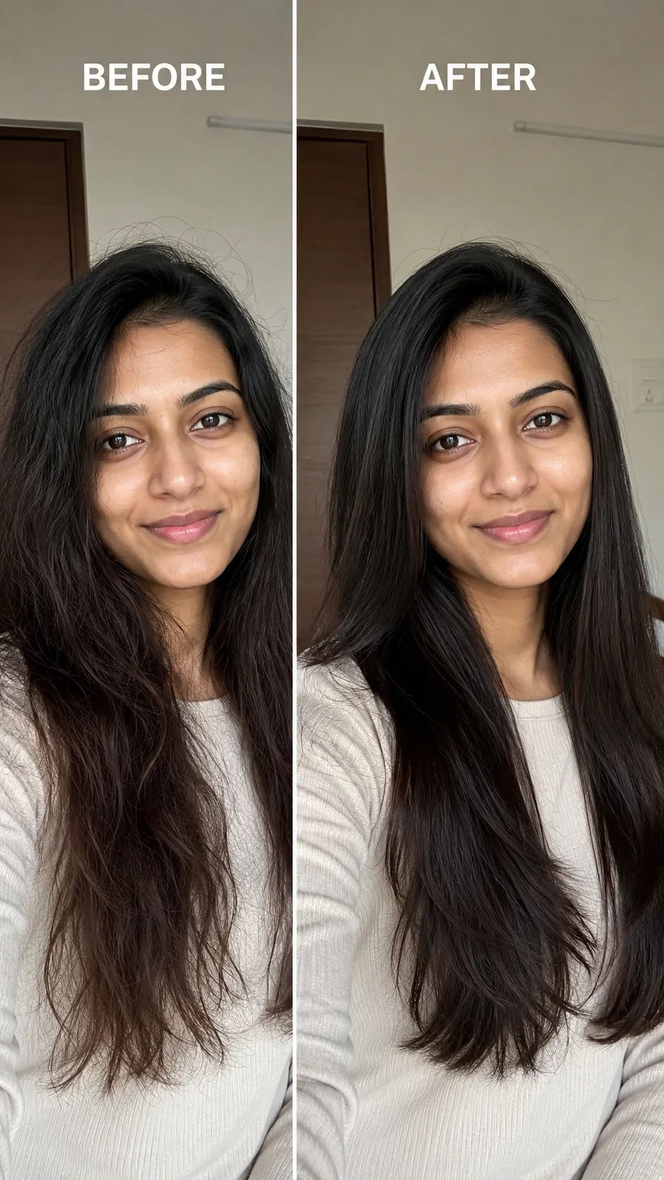 Before and after hair transformation — frizzy to smooth