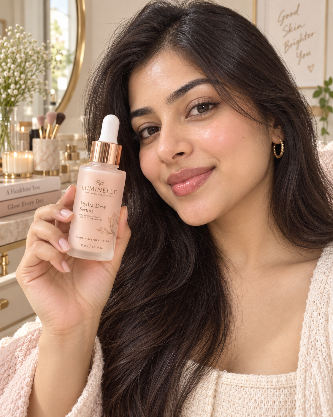 Creator wearing the serums & moisturisers piece, generated with MorphAds