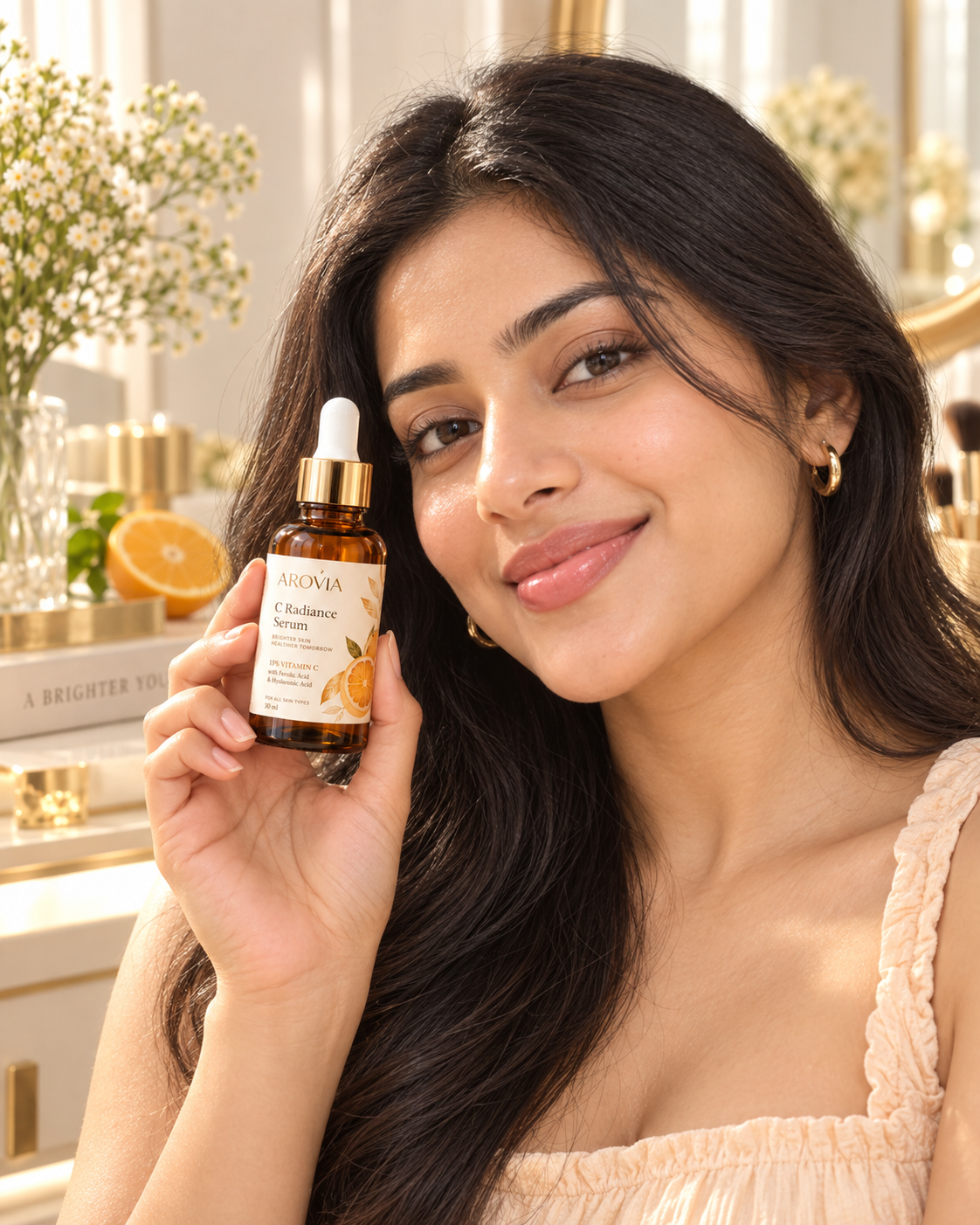 Creator wearing the serums & moisturisers piece, generated with MorphAds