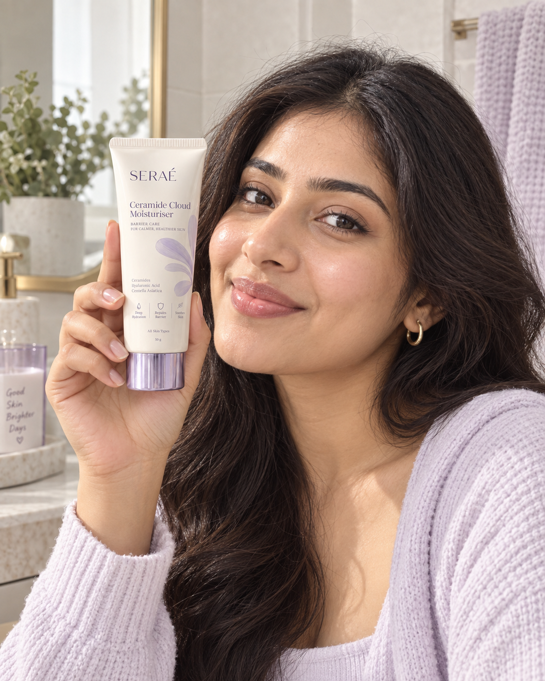 Creator wearing the serums & moisturisers piece, generated with MorphAds