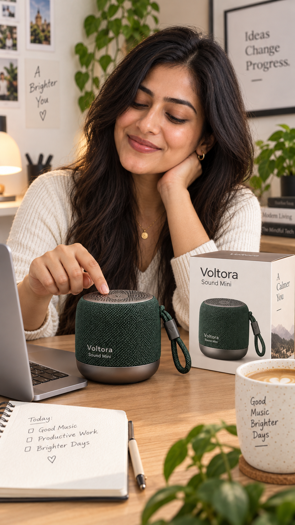 Woman using a Voltora Sound Mini portable Bluetooth speaker at her desk