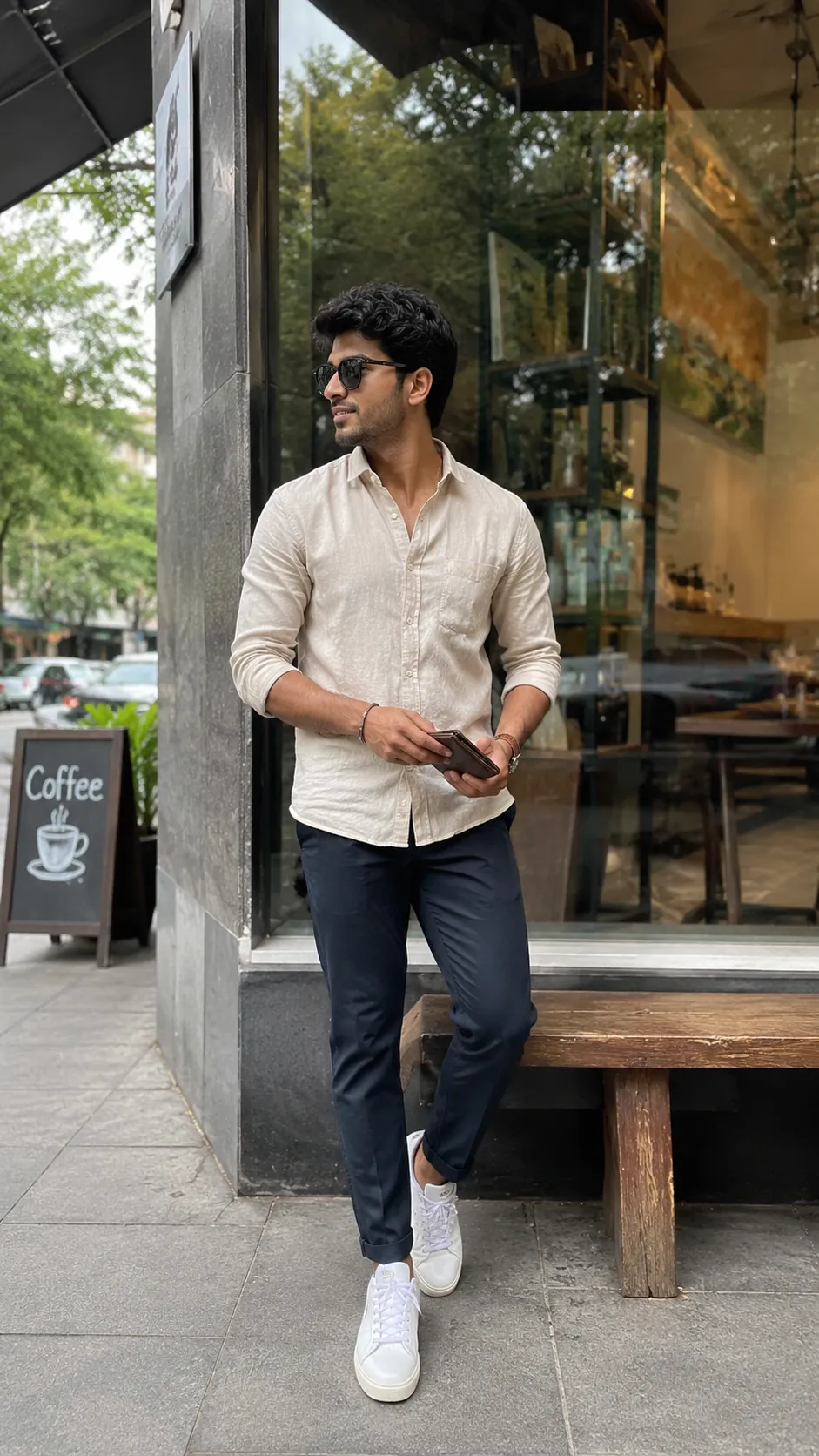 Indian man in smart casual outfit at café