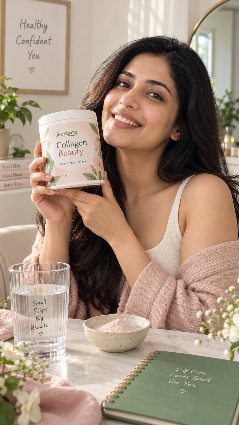 Indian woman on yoga mat holding wellness supplement bottle