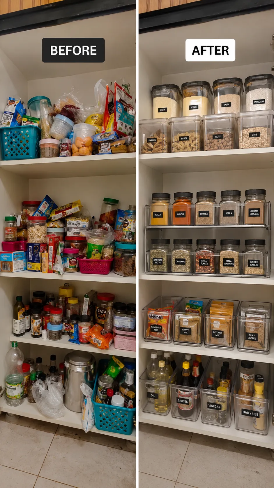 Before and after pantry organisation with storage jars