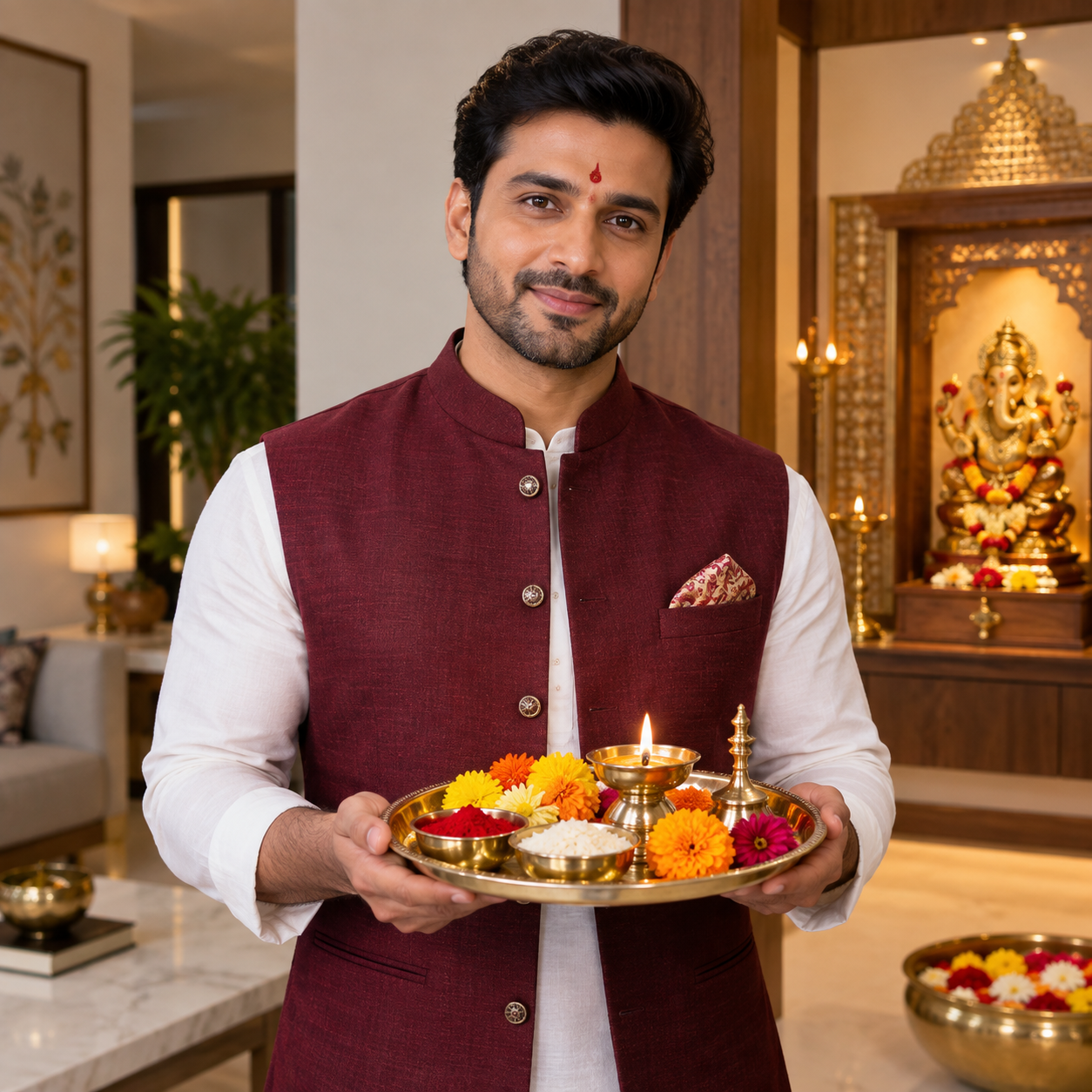 Puja thali with camphor, kumkum, and flowers